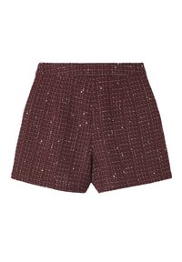 Shorts bordeaux avec un motif tissé texturé. Comprennent une large ceinture et une coupe ample. Accents métalliques subtils sur l'ensemble du tissu.