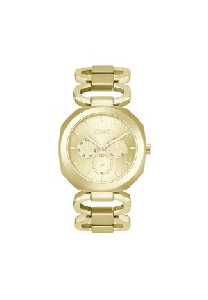 Gold-tone watch with octagonal case, textured sunburst dial, three sub-dials, and bold chain-link bracelet. Brand logo displayed.