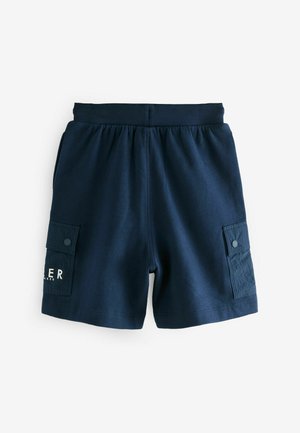 Marineblauwe shorts van zacht materiaal, met een platte tailleband, zijzakken en textuurpanelen met een decoratieve logoprint.