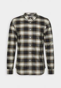 Koszula w kratę z długim rękawem w kolorach granatowym, białym i brązowym, z kołnierzykiem na guziki i guzikami z przodu, z małym logo na piersi.