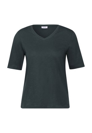 Donkergroene T-shirt met korte mouwen en een V-hals. Gemaakt van een soepele stof met een licht gestructureerd oppervlak en een relaxte pasvorm.