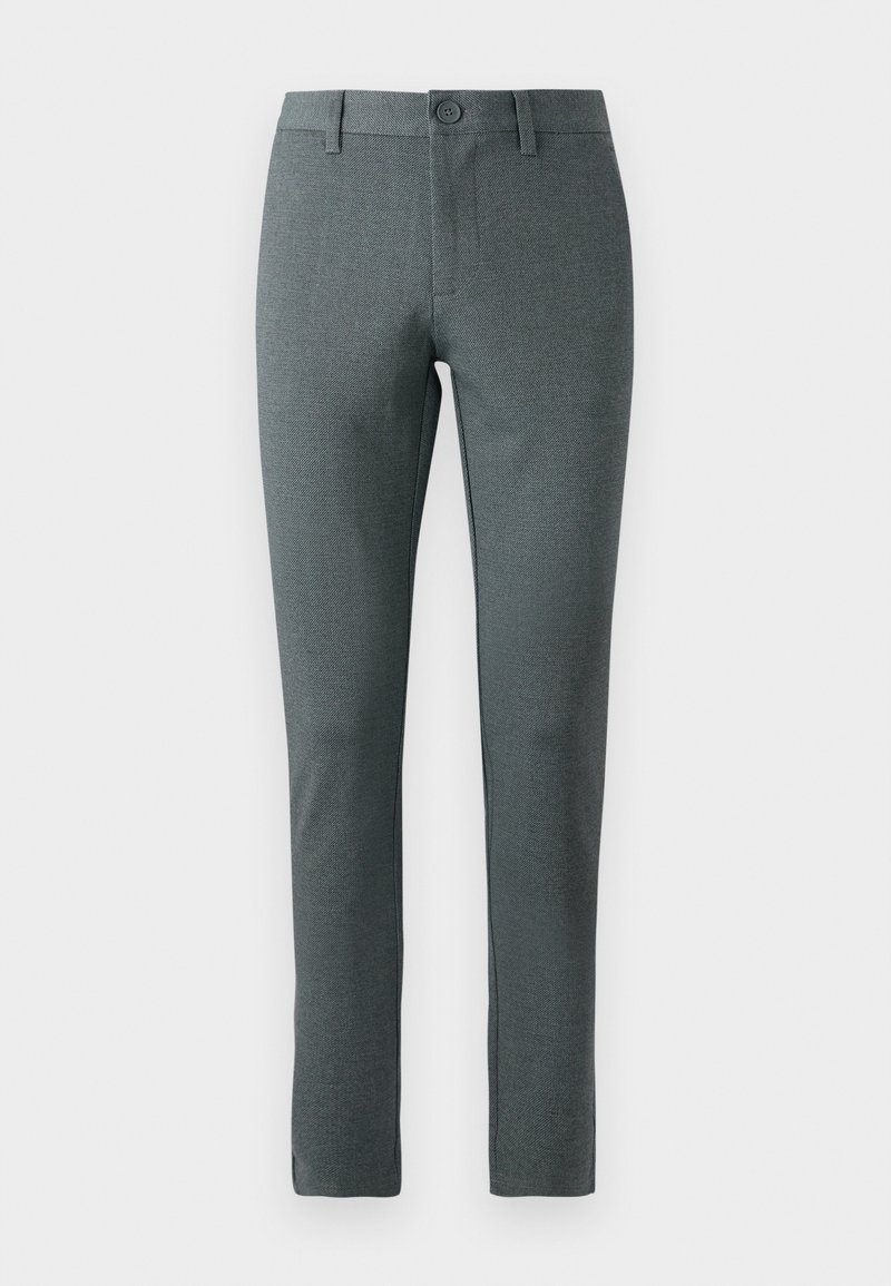 Graue maßgeschneiderte Hose aus strukturiertem Stoff, mit geradem Schnitt, Knopfverschluss, Gürtelschlaufen und schlankem Design.
