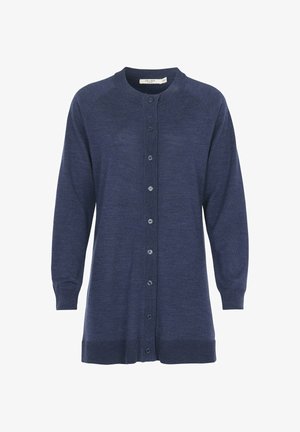 Marineblauer Langarm-Button-Up-Cardigan mit gerippten Bündchen und Saum, Rundhalsausschnitt und gerader Passform.