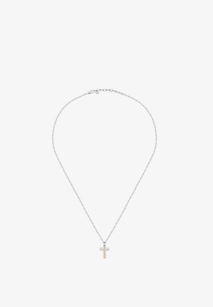 Collana in argento con pendente a croce minimalista caratterizzato da un design lineare in due tonalità: argento e oro rosa.