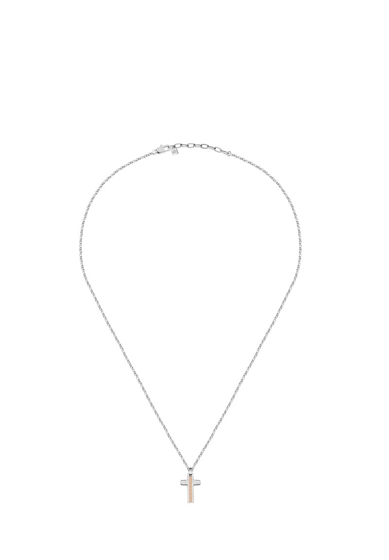 Collana in argento con pendente a croce minimalista caratterizzato da un design lineare in due tonalità: argento e oro rosa.