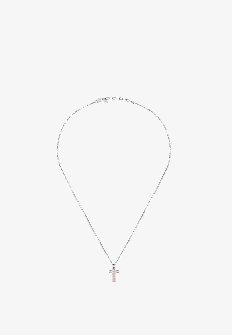 Collana in argento con pendente a croce minimalista caratterizzato da un design lineare in due tonalità: argento e oro rosa.