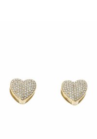 Złote kolczyki w kształcie serca, pokryte powierzchnią z małych, przezroczystych kryształków, o gładkim, błyszczącym wykończeniu i subtelnym wygięciu.