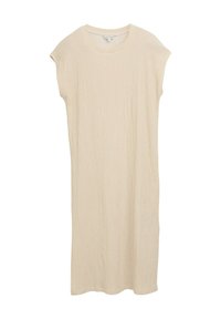 Abito beige a lunghezza ginocchio realizzato in tessuto testurizzato. Presenta maniche a cappotto e scollatura rotonda. Design semplice senza motivi o accenti visibili.