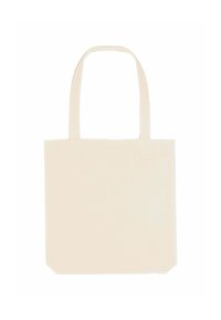 Borsa a tote in cotone beige con due spallacci, forma rettangolare, texture liscia e senza motivi o accessori visibili.