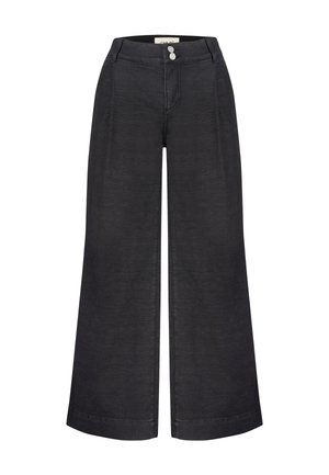 Schwarze Denim-Hose mit weitem Bein und hoher Taille, mit einer Vorderknopfleiste und klassischem Fünf-Taschen-Design. Glatter, strukturierten Stoff.