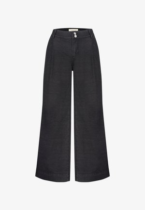Pantalon en denim noir à jambe large avec une taille haute, doté d'une fermeture avant à bouton et d'un design classique à cinq poches. Tissu lisse et texturé.