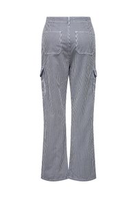 Pantalon cargo rayé bleu et blanc avec poches arrière et poches latérales à rabat, vu de dos sur fond blanc.