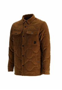 Veste matelassée en velours côtelé marron avec fermeture boutonnée devant, deux poches poitrine à rabat et col.