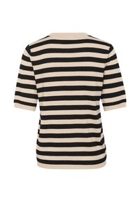 Stripet striktop med vandrette sorte og beige striber, korte ærmer og rund halsudskæring, i en løs pasform og blød tekstur.