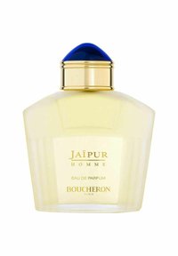 Gennemsigtig glasflaske med en afrundet bund, koniske skuldre, guld accenter og et blåt trekantet låg. Etiketten lyder "Jaïpur Homme Eau de Parfum."