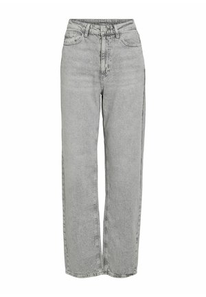 Wijde pijpen jeans van vervaagd grijs denim. Hoge taille met voorzakken en een knoopsluiting. Versleten textuur voegt visuele interesse toe.