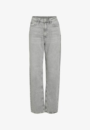 Bredde jeans lavet af falmet grå denim. Højtaljet med frontlommer og knaplukning. Slidt tekstur tilføjer visuel interesse.