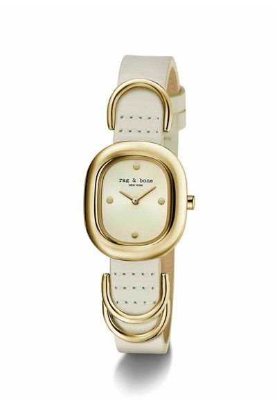 Goldfarbene Uhr mit rundem Gehäuse, cremefarbenem Ziffernblatt und minimalistischen Stundenmarkierungen. Verfügt über ein weißes Lederarmband und einzigartige Schlaufenakzente.