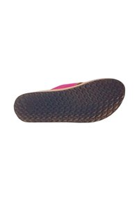 Sole di infradito rosa con una superficie in gomma nera texturizzata. Presenta una sezione liscia color beige lungo il bordo per un tocco di stile e durata in più.