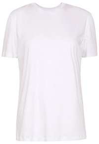 Weißes Baumwoll-T-Shirt mit kurzen Ärmeln, Rundhalsausschnitt und glatter Textur; zeichnet sich durch eine klassische Form und ein minimalistisches Design ohne Muster aus.