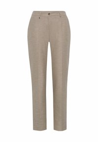 Pantalon beige pour femmes, coupe ajustée, jambe droite, bouton et fermeture éclair à l'avant, passants pour ceinture, avec plis verticaux subtils.