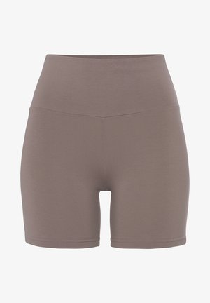 Pantaloncini aderenti in maglia color tortora a vita alta con una fascia larga in vita e lunghezza fino a metà coscia, progettati per comfort e flessibilità.