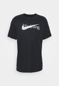 Schwarzes Baumwoll-T-Shirt mit einem weißen Nike-Logo und dem Wort "Training" in fetter Schrift auf der Vorderseite. Kurze Ärmel und Rundhalsausschnitt.