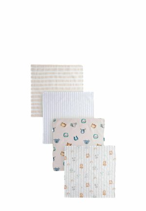Quattro coperte per neonati: a righe beige, grigio chiaro e due con motivi animali in colori tenui. Materiale morbido con una finitura testurizzata e traspirante.