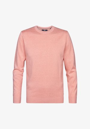 Pulover roz deschis, cu gât rotund, mâneci lungi, fabricat din material tricotat moale. Prezintă manșete și tiv canelate, textură netedă și detalii minime.