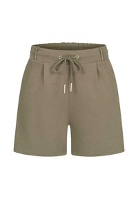 Khaki krátke nohavice vyrobené z mäkkej tkaniny s elastickým pásom, nastaviteľnou šnúrkou a detailmi predného záhybu. Jednoduchý a funkčný dizajn.