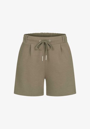 Khaki shorts van zachte stof met een elastische tailleband, verstelbare trekkoord en details met een plooien aan de voorkant. Eenvoudig en functioneel ontwerp.