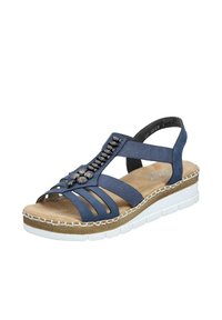 Granatowe sandały z teksturowanym paskiem, ozdobione dekoracyjnymi akcentami i białą cokółką. Wnętrze z miękkim wykończeniem dla wygody.