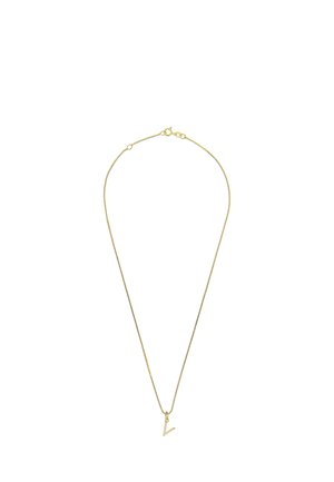 Delicate gold chain necklace with a small, minimalist V-shaped pendant on a white background.