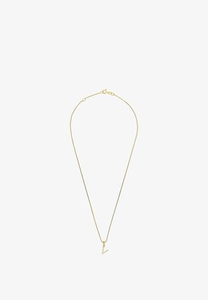 Delicate gold chain necklace with a small, minimalist V-shaped pendant on a white background.
