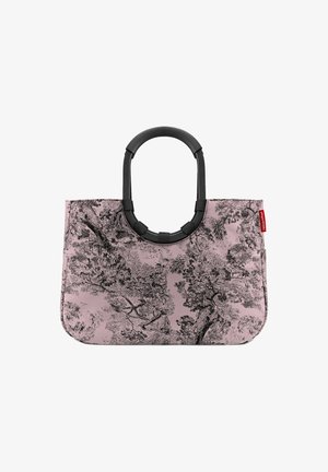 Borsa a tracolla rosa con un motivo ad albero nero, dotata di un manico rotondo nero e una superficie liscia. Design ampio e aperto per un facile accesso.