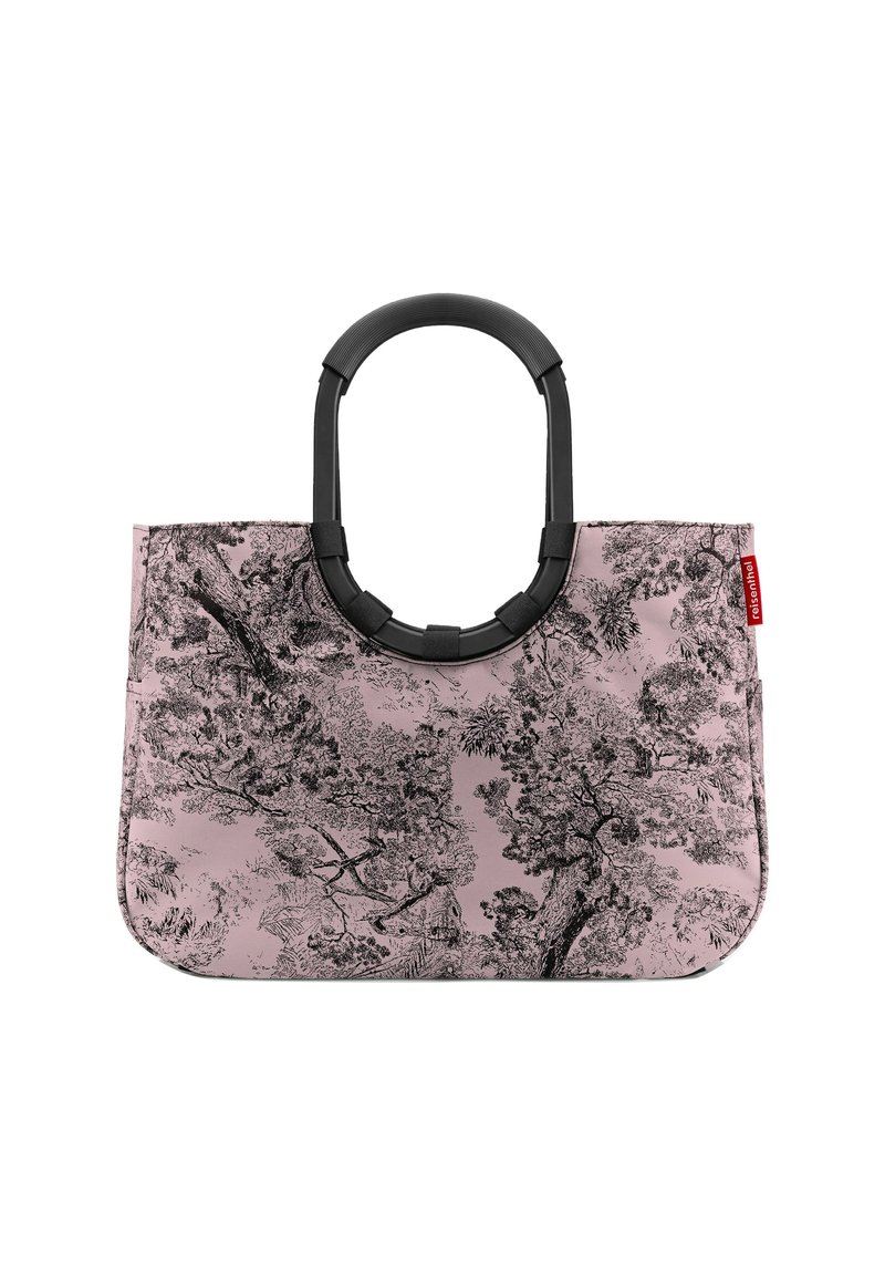 Sac fourre-tout rose avec un motif d'arbre noir, doté d'une poignée ronde noire et d'une texture lisse. Design large et ouvert pour un accès facile.