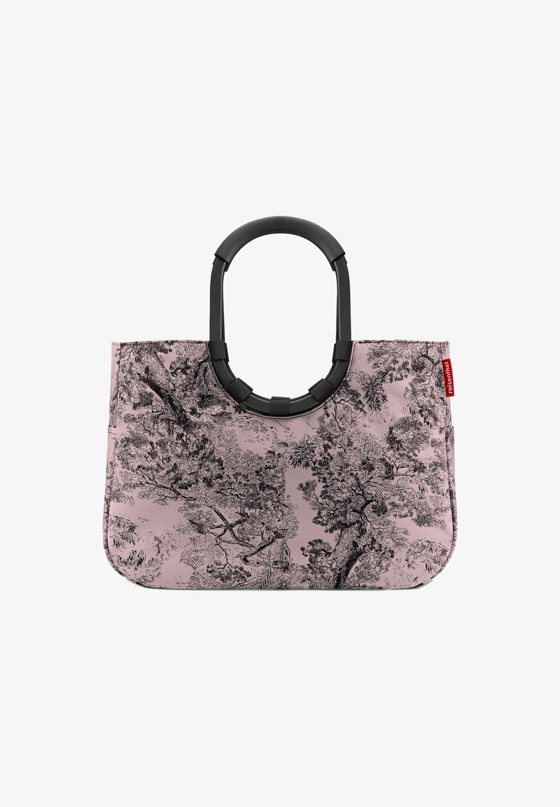 Sac fourre-tout rose avec un motif d'arbre noir, doté d'une poignée ronde noire et d'une texture lisse. Design large et ouvert pour un accès facile.