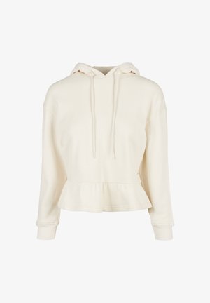 Romig gekleurde cropped hoodie met een trekkoord en een gerafelde zoom, met lange mouwen en geribde manchetten.