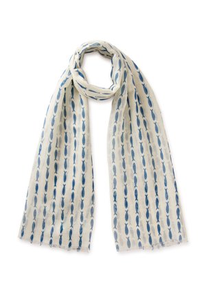 Sciarpa beige chiaro con file regolarmente distanziate di piccoli motivi di pesci blu, mostrata piegata liberamente su sfondo bianco.