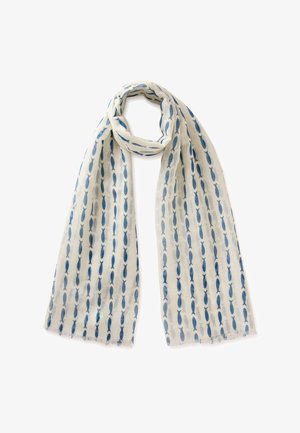 Hellbeiger Schal mit gleichmäßig angeordneten Reihen kleiner blauer Fischmotive, locker gefaltet vor weißem Hintergrund dargestellt.