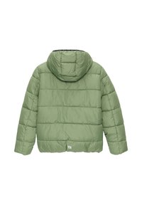 Padded grüne Jacke mit Kapuze, ausgestattet mit horizontalen Steppabschnitten, kurzem Schnitt und schwarzem Innenfutter. Minimalistisches Design.