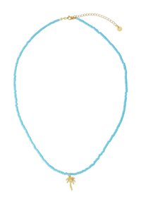 Halskette aus hellblauen Perlen mit einem goldenen Palmbaum-Anhänger und verstellbarem Kettenverschluss. Verfügt über glatte Perlen und ein einfaches Design.