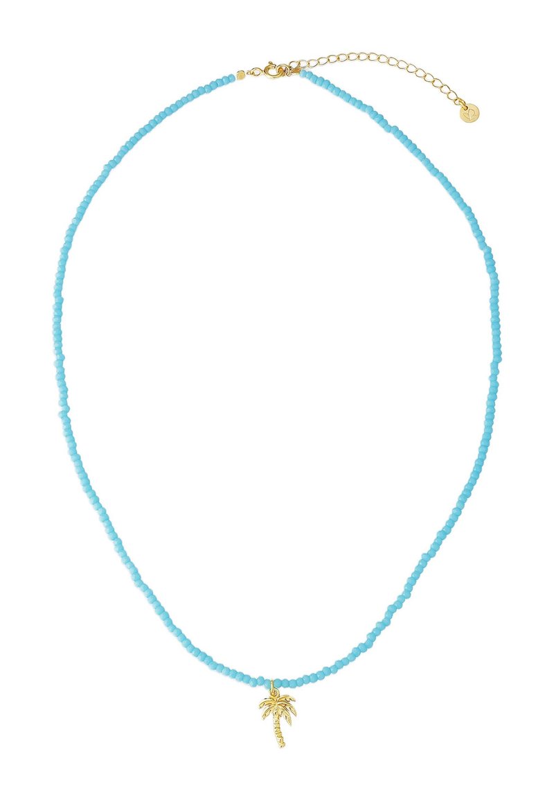 Halskette aus hellblauen Perlen mit einem goldenen Palmbaum-Anhänger und verstellbarem Kettenverschluss. Verfügt über glatte Perlen und ein einfaches Design.