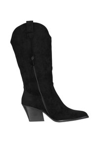 Zwarte mid-kuit suède westernlaars met zijrits, puntige neus en blokhak.
