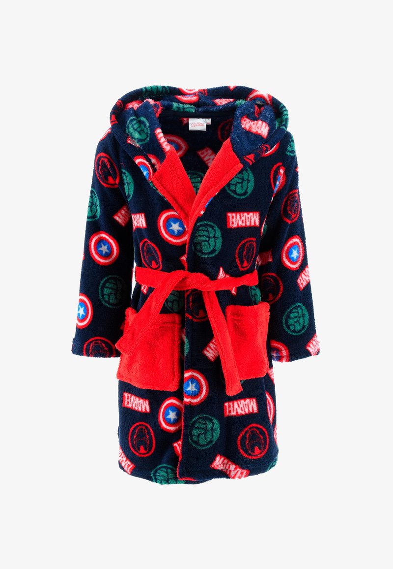 Accappatoio in pile con sfondo blu navy, dettagli rossi e motivi dei supereroi Marvel; include un cappuccio e due tasche frontali.