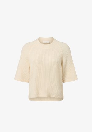 Cream-colored, short-sleeved sweater made of textured knit fabric; features a round neckline and a relaxed fit with a slightly cropped hem.