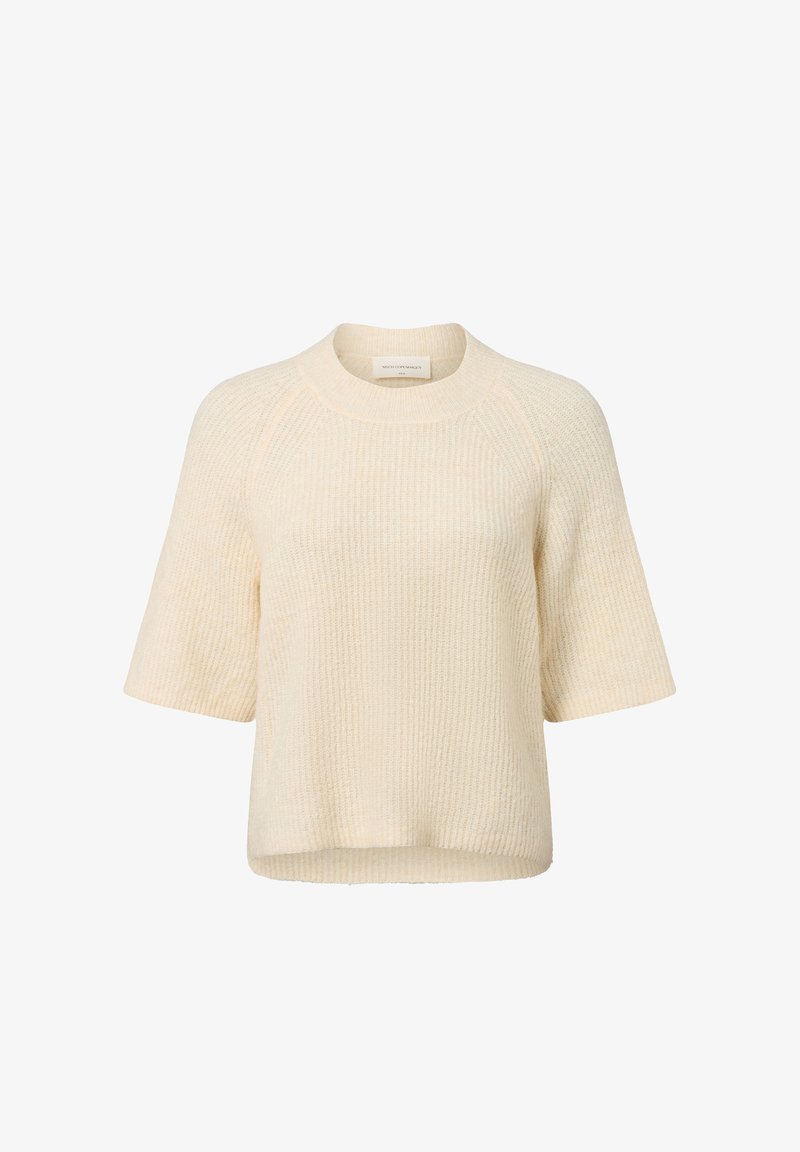 Cremefarvet, kortærmet sweater lavet af tekstureret strikstof; har en rund halsudskæring og en afslappet pasform med en let cropped kant.