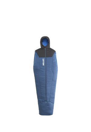 Blue and black insulated sleeping bag with hood and central zipper, branded Millet, designed for outdoor use and cold weather.
