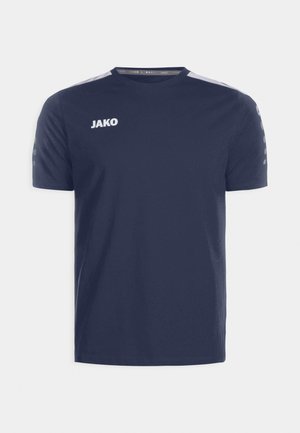 Marineblaue Kurzarm-T-Shirt aus Baumwolle mit grauen Akzenten an den Schultern und dem weißen "JAKO"-Logo auf der linken Brust. Einfacher runder Ausschnitt.