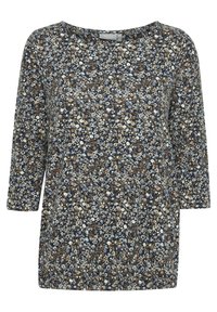 Haut à motif floral en bleu marine, crème et marron. Présente un col rond et des manches trois-quarts. Fabriqué en tissu doux et extensible.